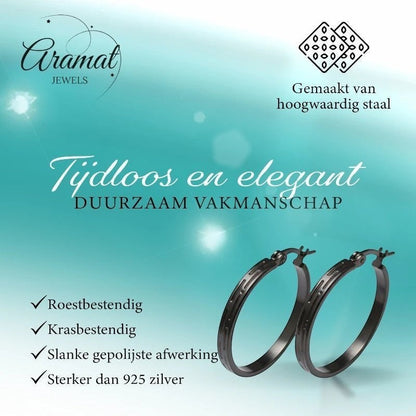 Zwarte RVS Oorringen met Grieks Motief - 25 mm - Aramat Jewels - Oorringen - cadeautip