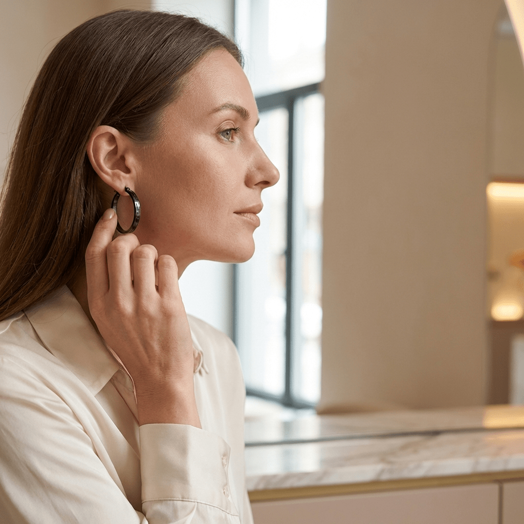 Zwarte RVS Oorringen met Grieks Motief - 25 mm - Aramat Jewels - Oorringen - cadeautip