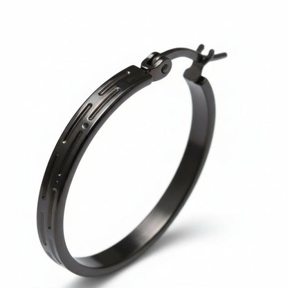 Zwarte RVS Oorringen met Streepjes Motief - 30 mm - Aramat Jewels - Oorringen - cadeautip