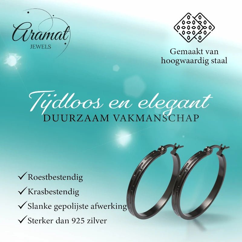 Zwarte RVS Oorringen met Streepjes Motief - 30 mm - Aramat Jewels - Oorringen - cadeautip