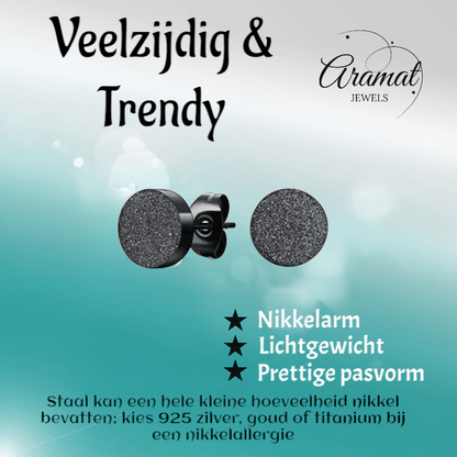 Zwarte RVS Oorstekers Mat 7mm Sandblasted - Aramat Jewels - Oorbellen - cadeautip