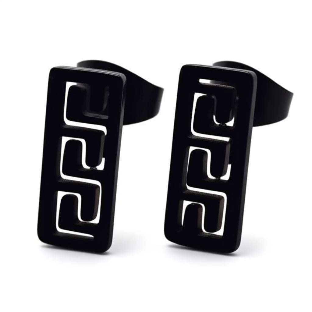 Earrings – Steel Bar Black Greek Motif (11x5mm) 