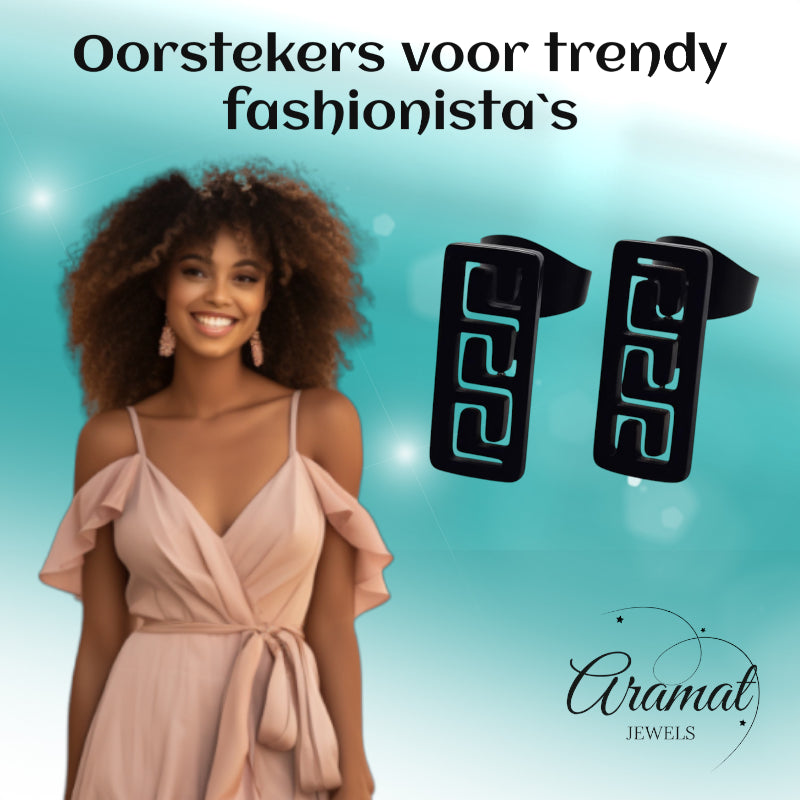 Earrings – Steel Bar Black Greek Motif (11x5mm) 