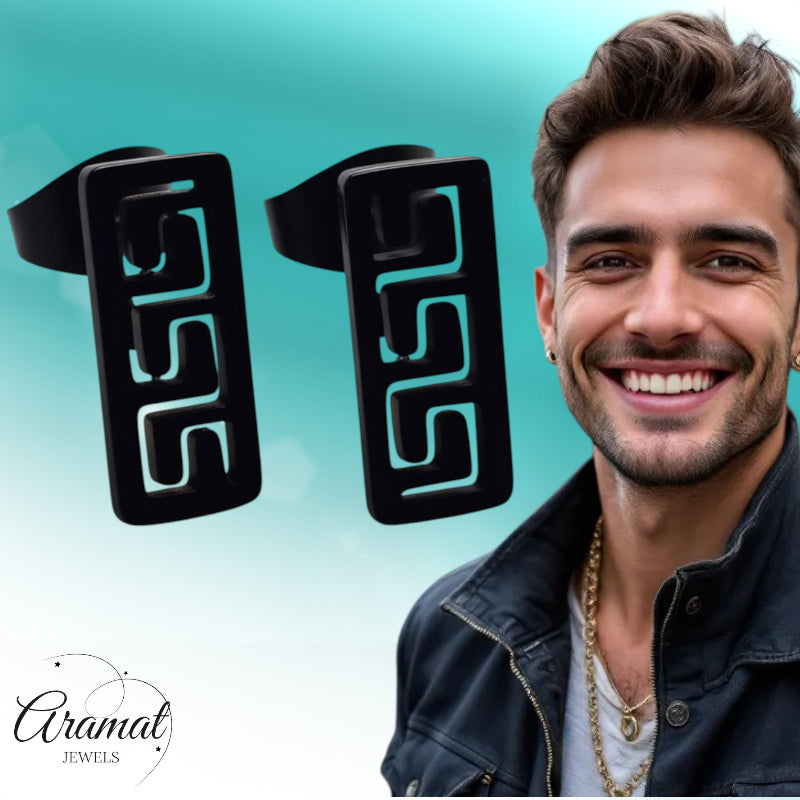 Earrings – Steel Bar Black Greek Motif (11x5mm) 