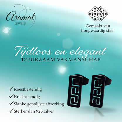 Earrings – Steel Bar Black Greek Motif (11x5mm) 