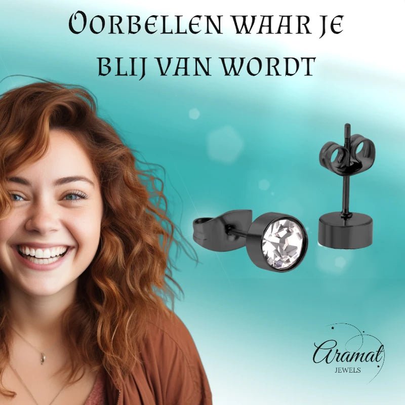 Zwarte Stalen Oorbellen met Kristal | 6mm - oor3751 - Oorbellen kopen# - 6mm - alles