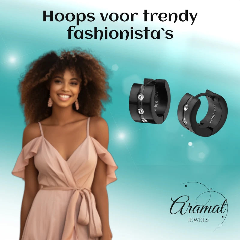 Earrings – Steel Huggies Zirconia Black (13mm)