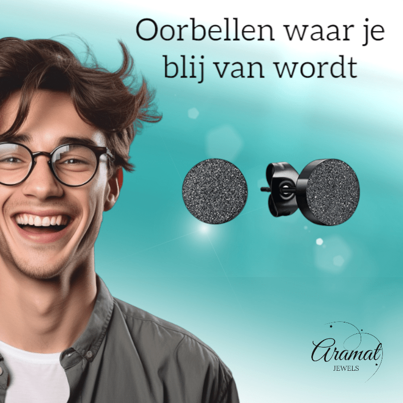 Zwarte Stalen Oorstekers Mat 8mm - Aramat Jewels - Oorbellen - cadeautip