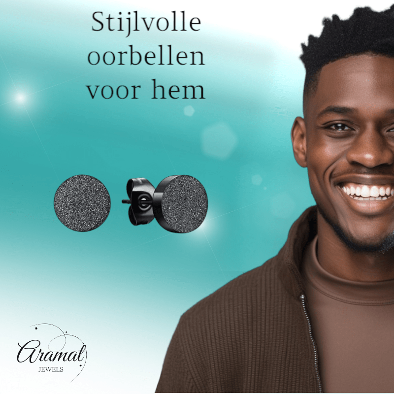 Zwarte Stalen Oorstekers Mat 8mm - Aramat Jewels - Oorbellen - cadeautip