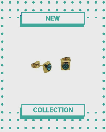 Blue Zirconia Gold-Colored Stainless Steel Earrings