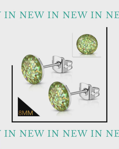 Stainless Steel Glitter Stud Earrings 8mm